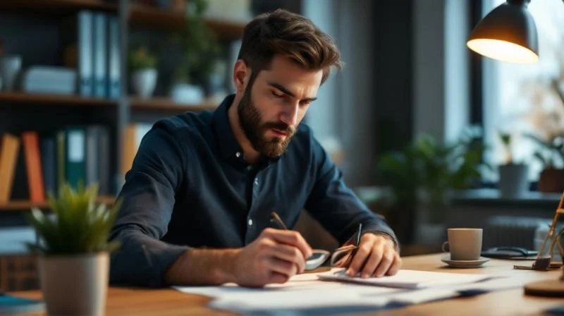 Mann berechnet Foerderung am Schreibtisch in Bonn