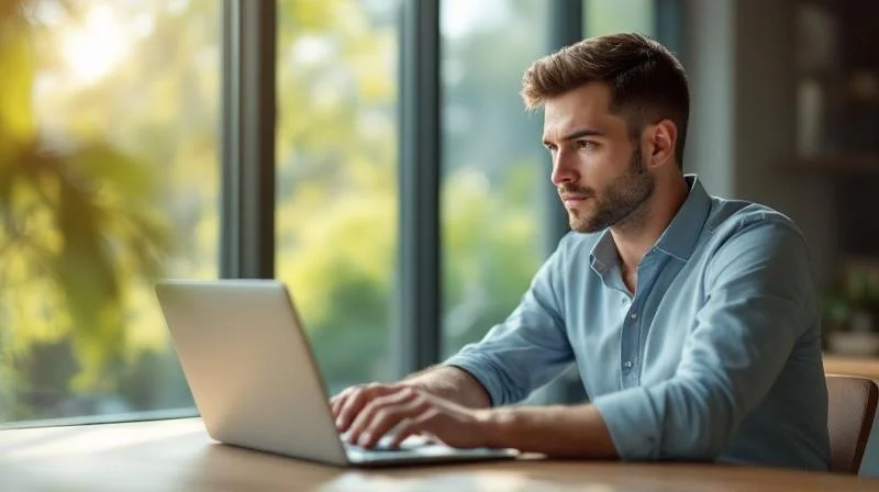 Mann lernt am Laptop in einem modernen Bonner Büro mit Blick auf den Rhein