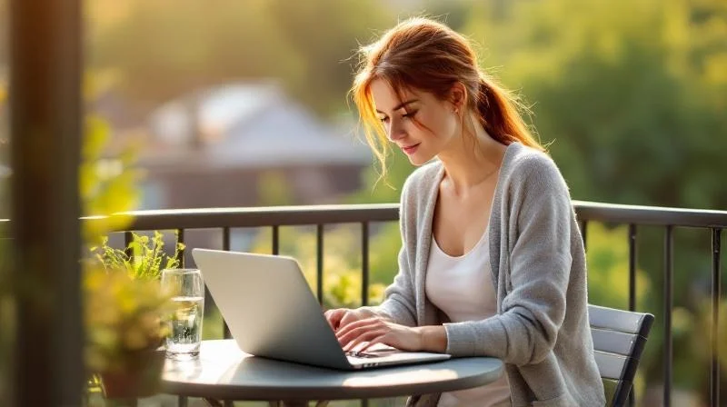 Frau mit Laptop auf einer Terrasse mit Blick auf den Rhein in Bonn